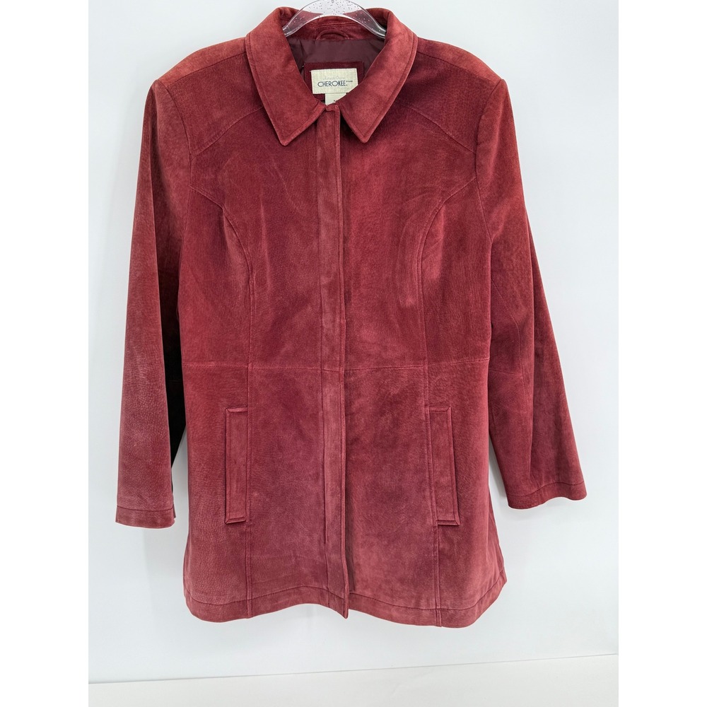Cherokee Womens Sz XL Burgundy Genuine Suede Leather Jacket Hidden Button Coat